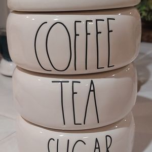Rae Dunn stack: *COFFEE, *TEA, &*SUGAR” containers